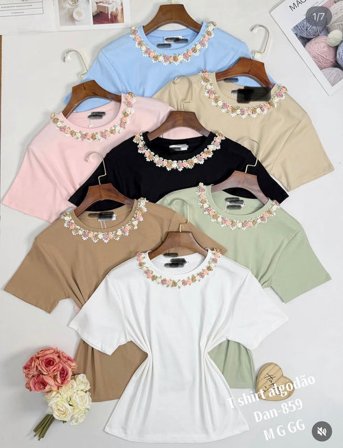 Tshirt blusa 100 % algodao em cores m g gg bordada